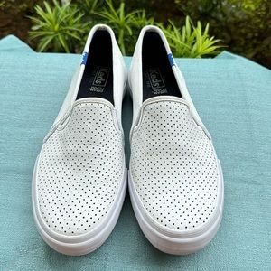 KEDS DOUBLE D PERF LEATHER WHITE SLIP ONS